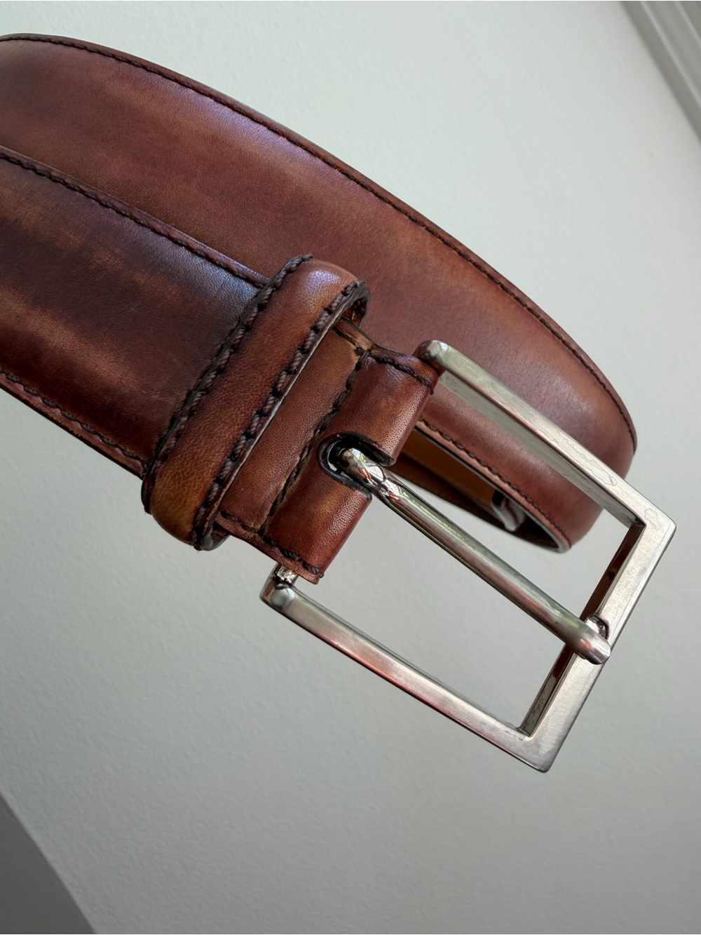 Magnanni Brown Leather Belt Silver Buckle Men’s Size 38